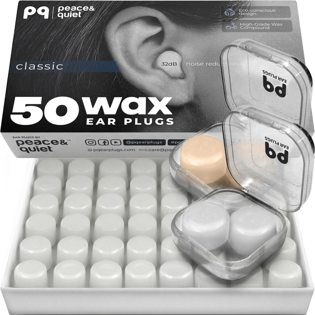 PQ Wax Ear Plugs for Sleeping, Nuoto - 50 Noise Cancelling Silicone Gel Wax Earplugs, Protezione dell'orecchio per il sonno e lo snodo, Cuscino morbido in cera con il livello di blocco del suono 32Db, (50 cuscini), Colore: Bianco
