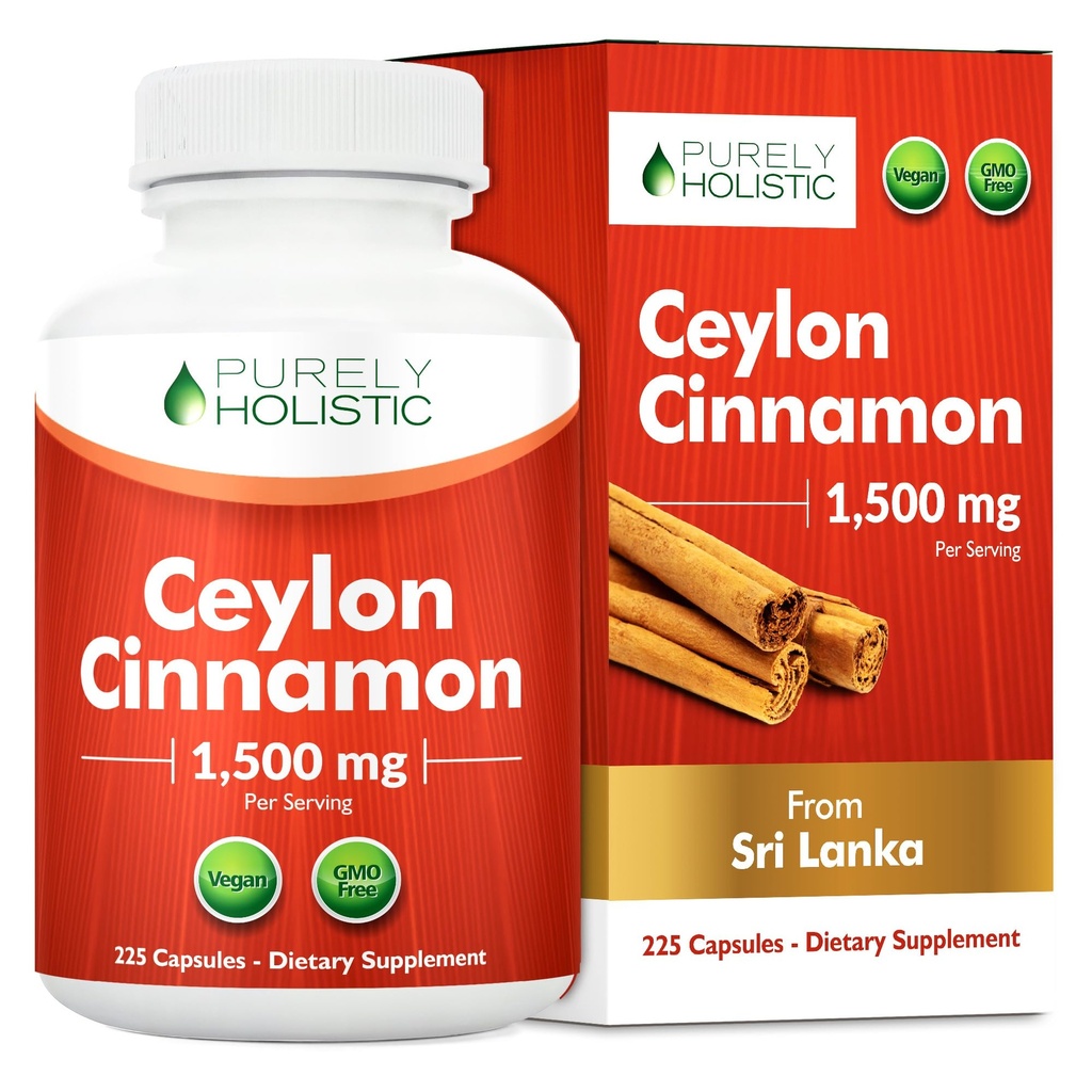 Pure olistico Ceylon Cinnamon Capsule 1500mg, 225 Vegan Cinnamon Capsule, 75 Day Supply (25% Più Serve), Vero Sri Lankan Ceylon Cinnamon Supplemento