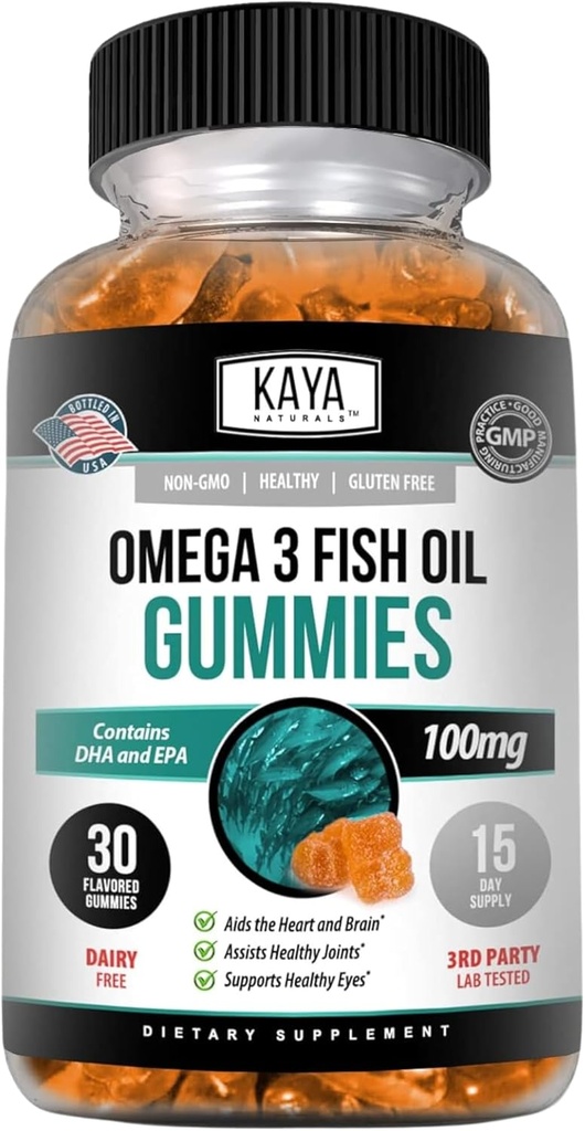 Kaya Naturals Omega 3 Fish Oil Gummies -integratore dell'olio di pesce con acidi grassi EPA & DHA - aiuta il cervello di sostegno, occhio, salute del cuore e supporto immunitario - Non-GMO - 30 conte