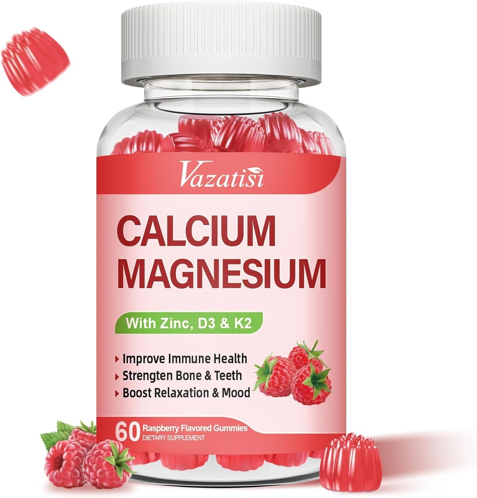 Calcio Magnesio Zinco Gummie con Vitamina D3 & K2, Alto assorbimento Magnesio Glycinate Potassio per Immune e Calma Mood, Raspberry Flavor 60 Gummies