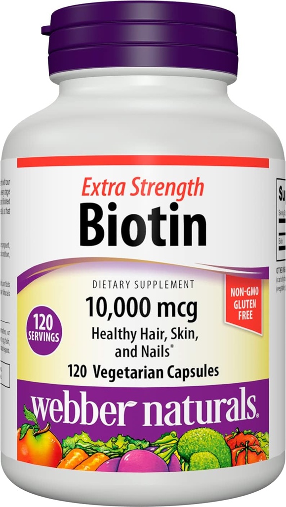 Webber Naturals Biotin 10.000 mcg, Extra Forza, 120 capsule, Capelli sani, Pelle & Unghie, Integratore di vitamina, Vegan