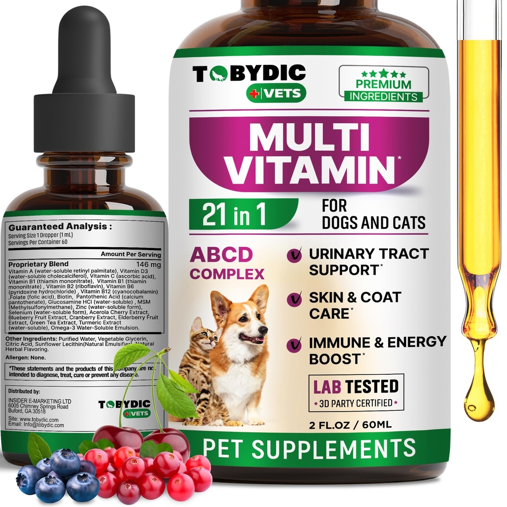 Cat & Dog Multivitamin 21 in 1 Integratori per animali domestici con Mirtillo & Glucosamina - Medicina Naturale & Supporto per UTI, Tratta urinaria, Timone, Rene, Cappotto per la pelle, Trattamento delle articolazioni Made in Italy