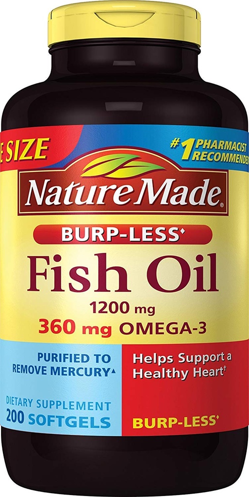 Burp-Less Fish Oil 1200 mg, 200 Softgels, Fish Oil Omega 3 supplemento per la salute del cuore