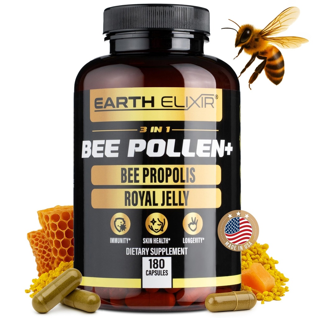 Earth Elixir 3-in-1 Organic Bee Pollen Capsule – Non OGM, Pure Raw Bee Pollen, Royal Jelly, Propolis Extract for Women & Men – Natural Energy, Immune & Vitality Support – 180 capsule Propolis