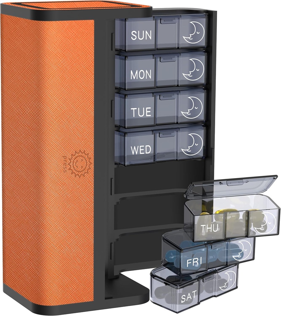 7-Giorni AM/PM Pill Organizer con Scratch-Resistant Leather Case - Portable Weekly Travel Medicine Box con Detachable Daily Pods & Privacy Design (Bright Orange)