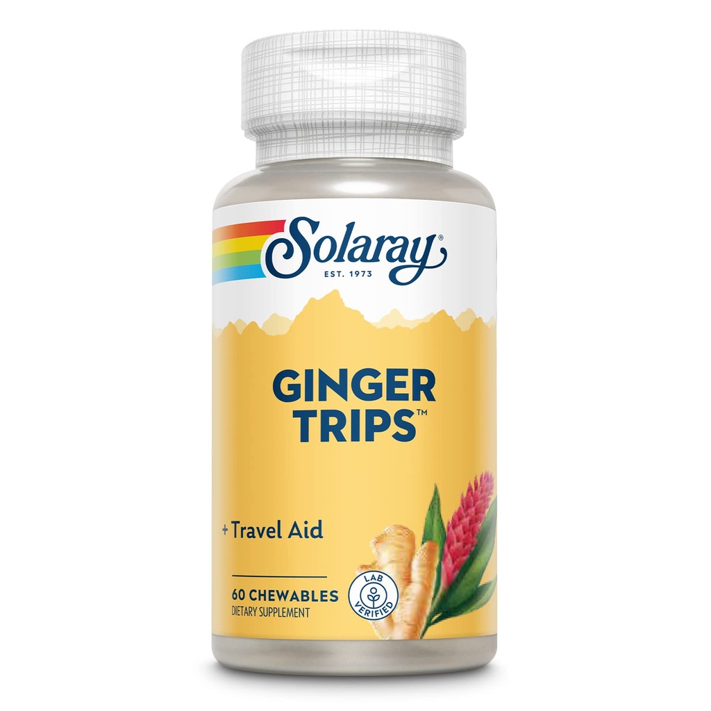 SOLARAY Ginger Trips | Estratto di radice | Supporto digestivo sano w/Honey, Stevia & Molasses | 60 Chewables
