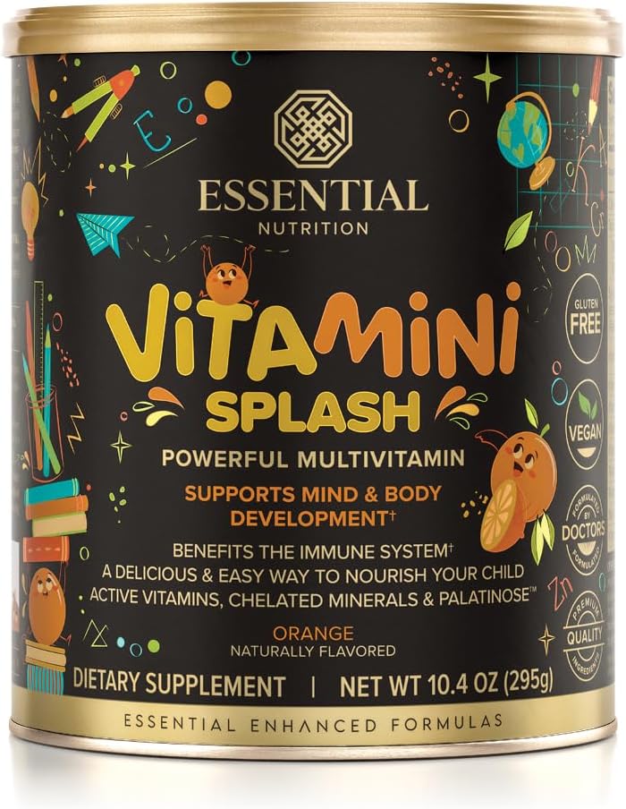 Nutrizione Essenziale Vitamini Splash - Polvere multivitaminica per bambini - Supporto nutrizionale - 13 Vitamine attive & 6 Minerali chelati, Fibra prebiotica - Arancio aroma - (10,4 oz) - Vegan