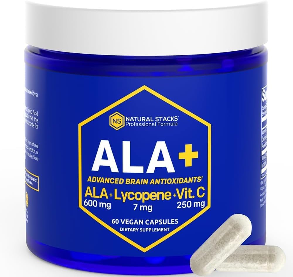 NATURAL STACKS Acido lipoico alfa 600mg w/Lycopene e Vitamina C - Supplemento per l'immunità e la funzione cellulare - Supplemento per la salute del cervello