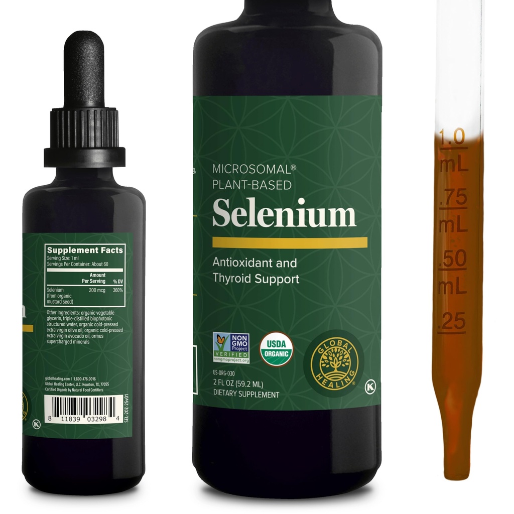 Global Healing Center - Selenium 200mcg, Selenium Supplement Drops with Organic Ingredients, Antiossidanti per tiroide e supporto immunitario, Non-OGM & Gluten-Free, per uomini e donne - 2 Fl Oz