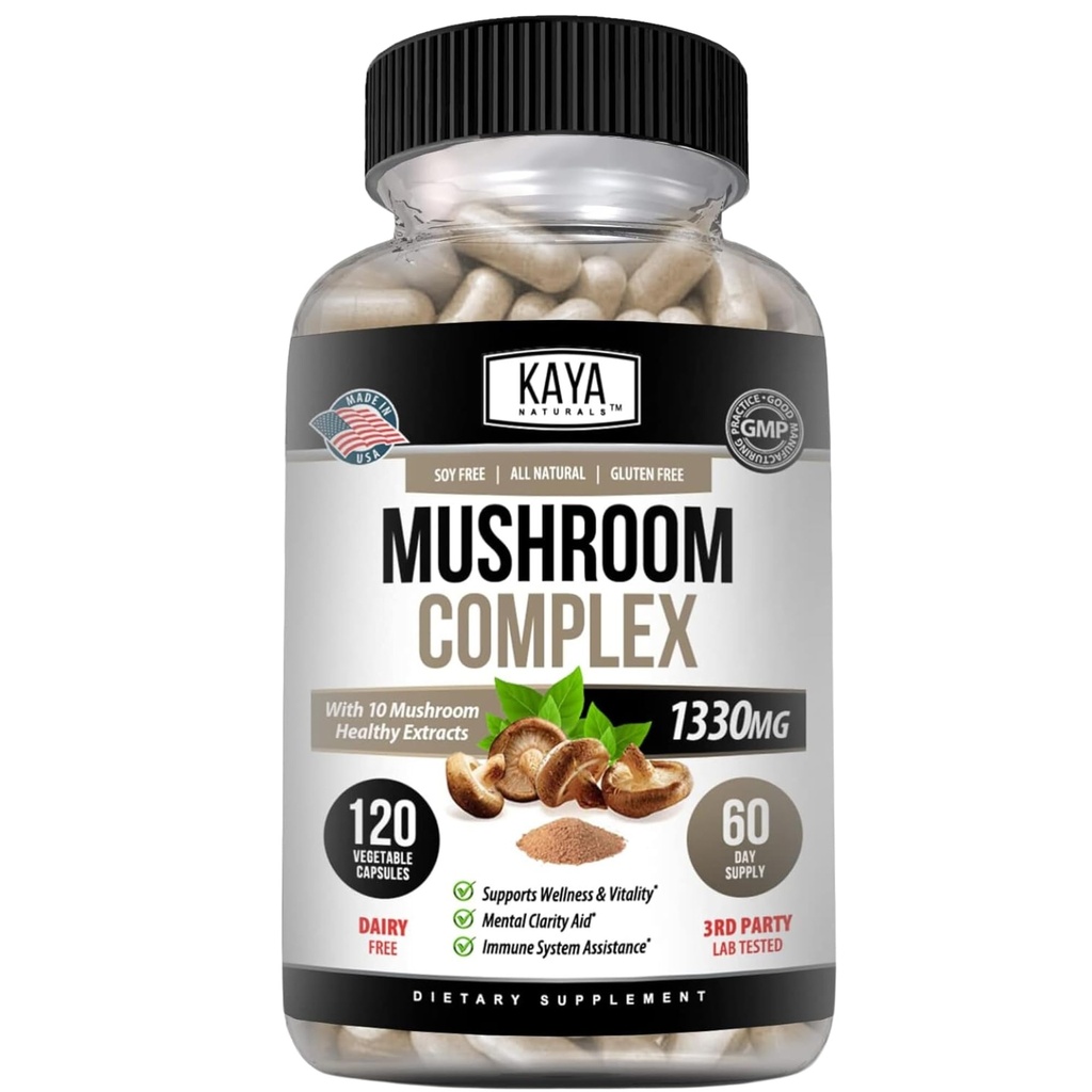 Kaya Naturals Premium Mushroom Complex Potent - Integratore di funghi - Capsule Complesso di funghi 1995mg Per Serve - Aids Clarity Mentale Supports Sistema immunitario, Benessere & Vitality - 120 Conte