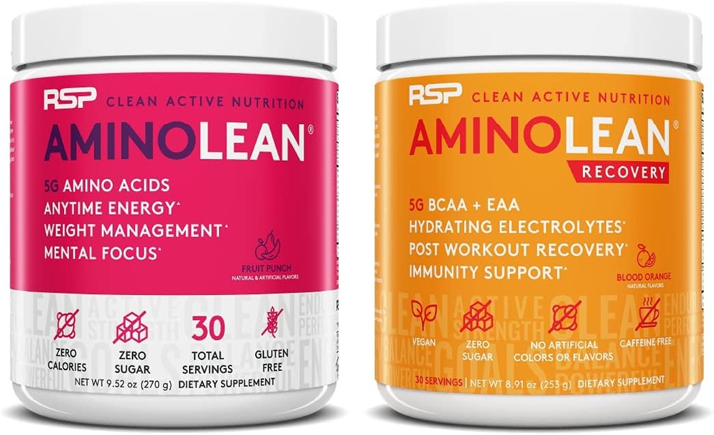 RSP NUTRITION AminoLean Pre Workout Energy (Fruit Punch 30 Serve) con AminoLean Recovery Post Workout Boost (Blood Orange 30 Servings)