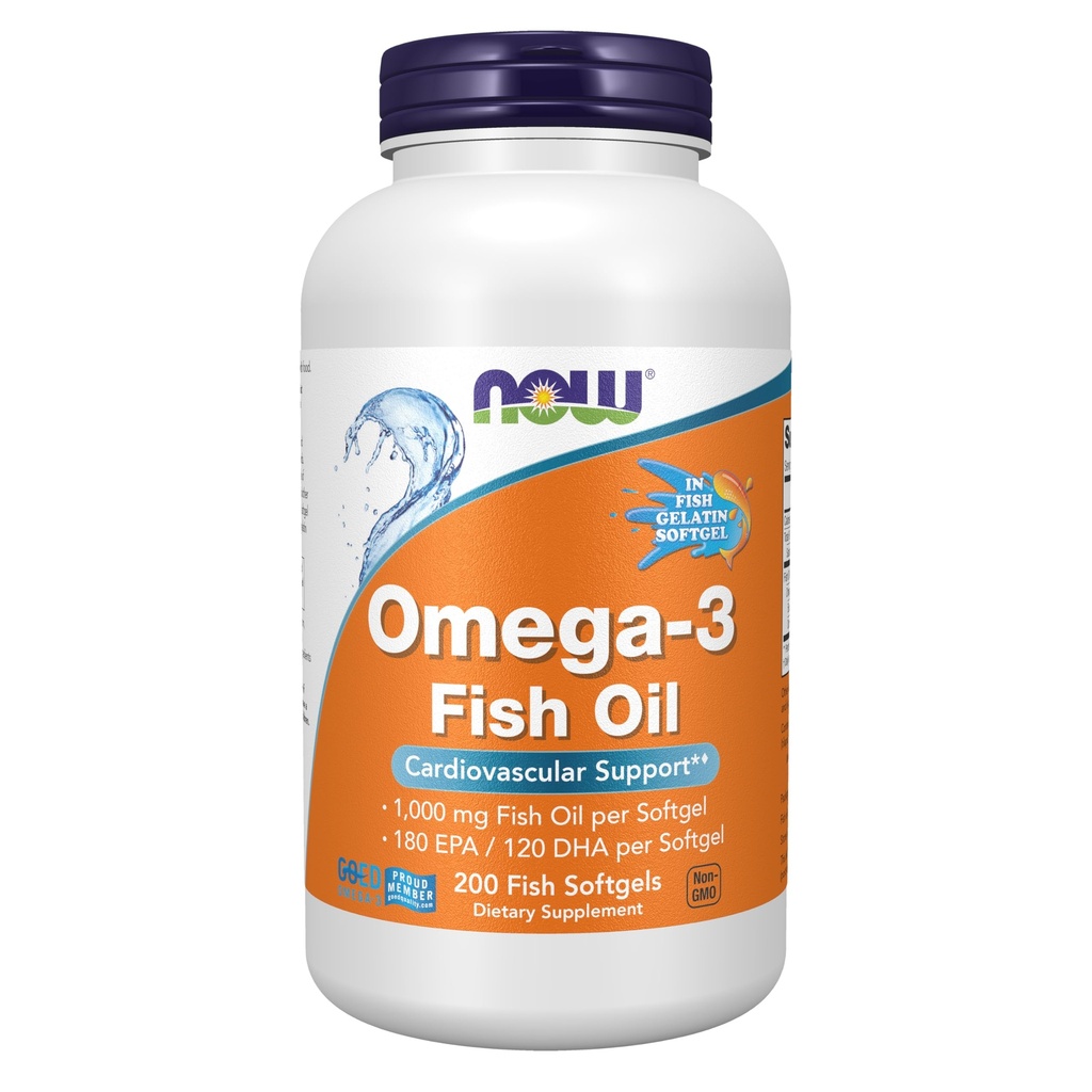 NOW Integratori alimentari, Omega-3 180 EPA / 120 DHA, Distillato molecolare, Supporto cardiovascolare*, 200-Fish Gelatin Softgels, i pacchetti possono variare