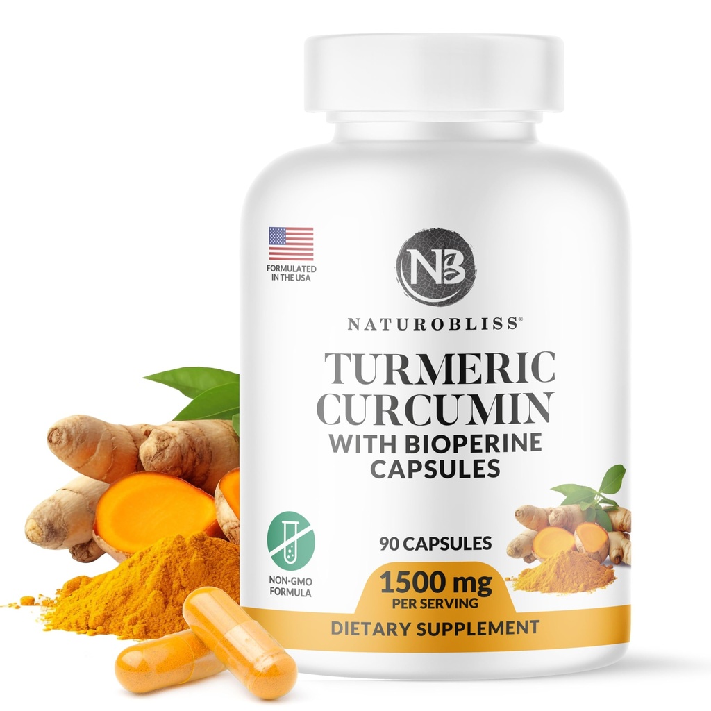 NaturoBliss Curcumina Turmerica con BioPerine 1500mg - Non OGM - Gluten Free - 90 Capsule