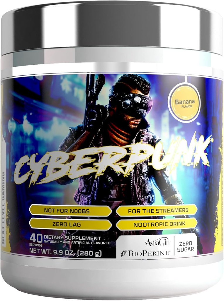 Supplemento della polvere di gioco CYBERPUNK | Energy & Focus Nootropic Drink | Adaptogen Formula + Vitamine & Minerali | Ingredienti naturali | 40 Servings (Banana)