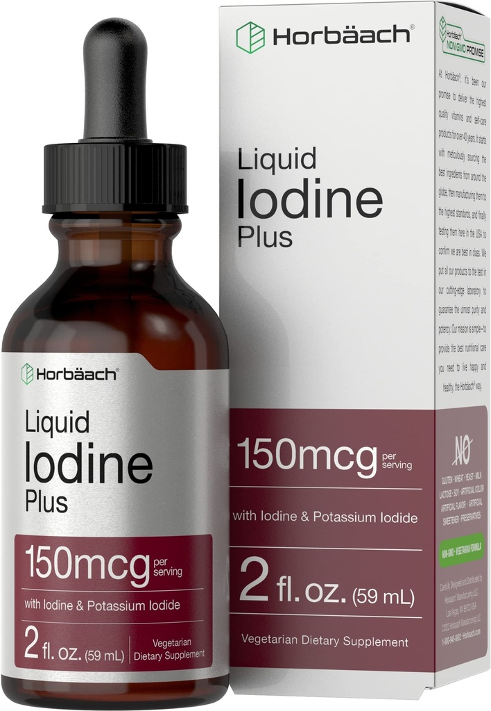 Horbäach Iodine Liquid Drops | 2 fl oz | 150 mcg | Iodio & Potassium Iodide Liquid Tincture | Vegetariano, Non OGM, Gluten Free Supplement