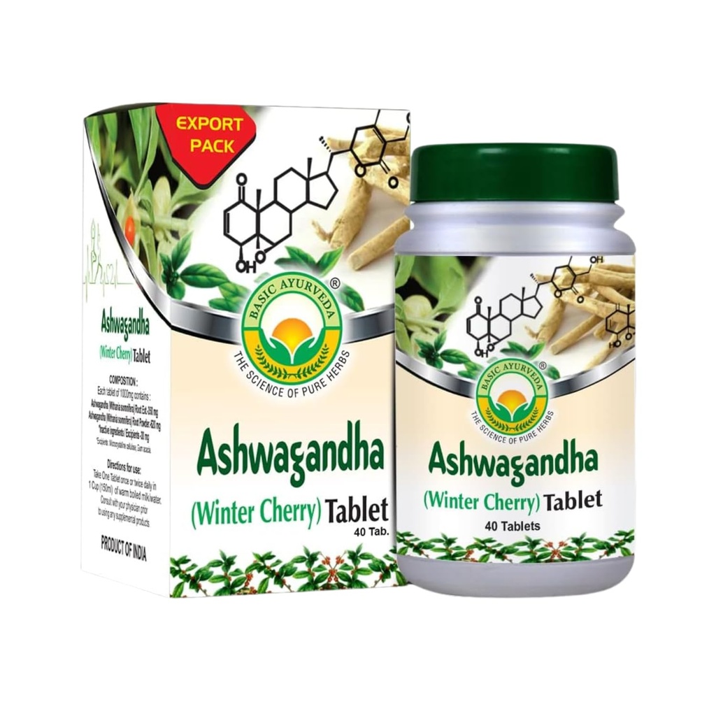 BASIC AYURVEDA Ashwagandha Tablets - 1000mg | Winter Cherry Herbal Supplemento | Formula base vegetale per routine quotidiana | Estratto di radice naturale per uomini e donne | 40 compresse
