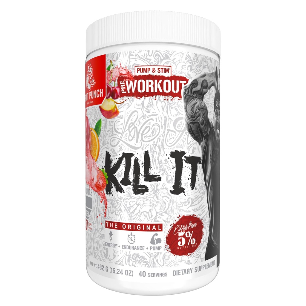 5% Nutrizione Ricco Piana Uccidere Pre Polvere di allenamento w/Creatina, Caffeina, Beta Alanina, Hydroprime Glycerol per pompa, Forza, Endurance | 20/40 Srvgs (40 Serve, Punch di frutta)