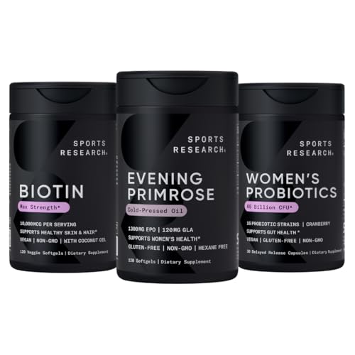 Integratore di Primiso di Sera di Ricerca Sportiva da Olio Pressato Freddo, Vegan Biotin 10.000mcg con Olio di cocco & Probiotici Donna con Prebiotici, 65 miliardi di CFU