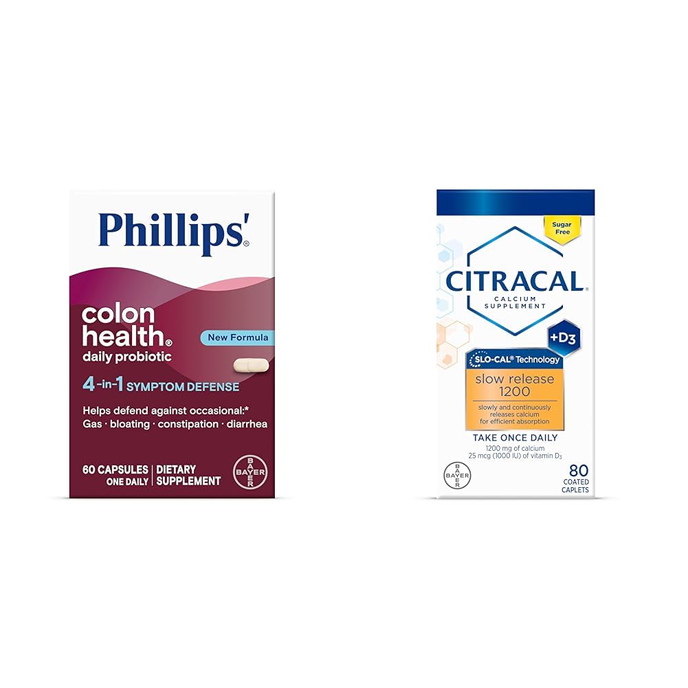 Phillips' Colon Health Daily Probiotic Capsule, 4-in-1 Symptom Defense & Citracal Slow Release 1200, 1200 mg di calcio Citrato e Calcium Carbonate Blend