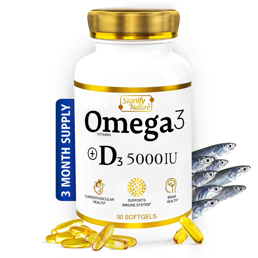 SIGNIFY NATURE Omega 3 Fish Oil Supplement con vitamina D3 5000 IU - capsule di trigliceride 1000mg per la salute del cervello - Omega3 EPA DHA + VIT D 3-90CT