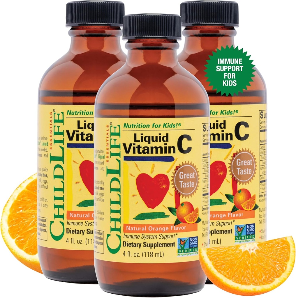 CHILDLIFE ESSENTIALS Liquid Vitamin C - Pure Vitamin C Liquid Supplemento per bambini, Supporto per il sistema immunitario, Grande Gusto - Arancione naturale, 4 Fl Oz (Pack of 3)