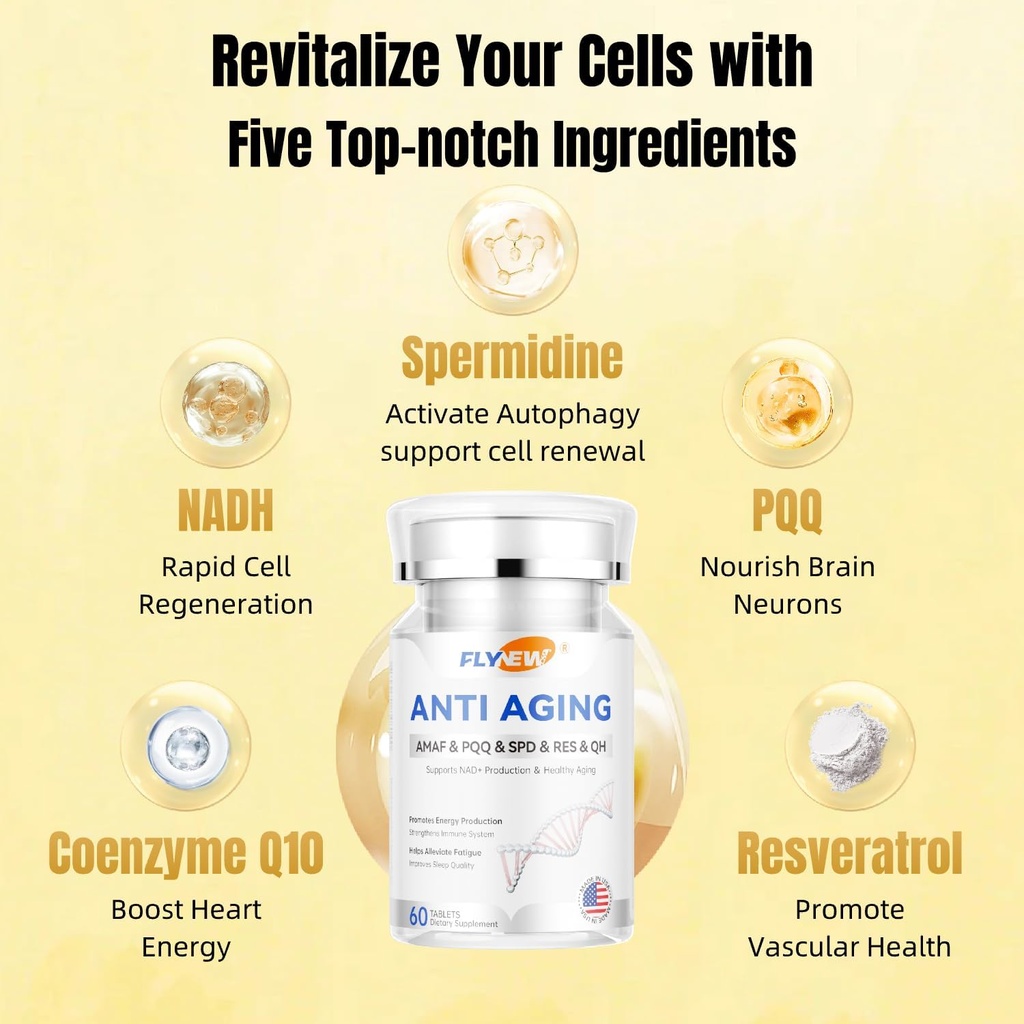 Anti-invecchiamento, Resveratrolo,NADH& PQQ, Capelli sani, Pelle e Unghie, Salute cellulare, Spermidina, Ubiquinol, GMP, Made in USA 60 capsule