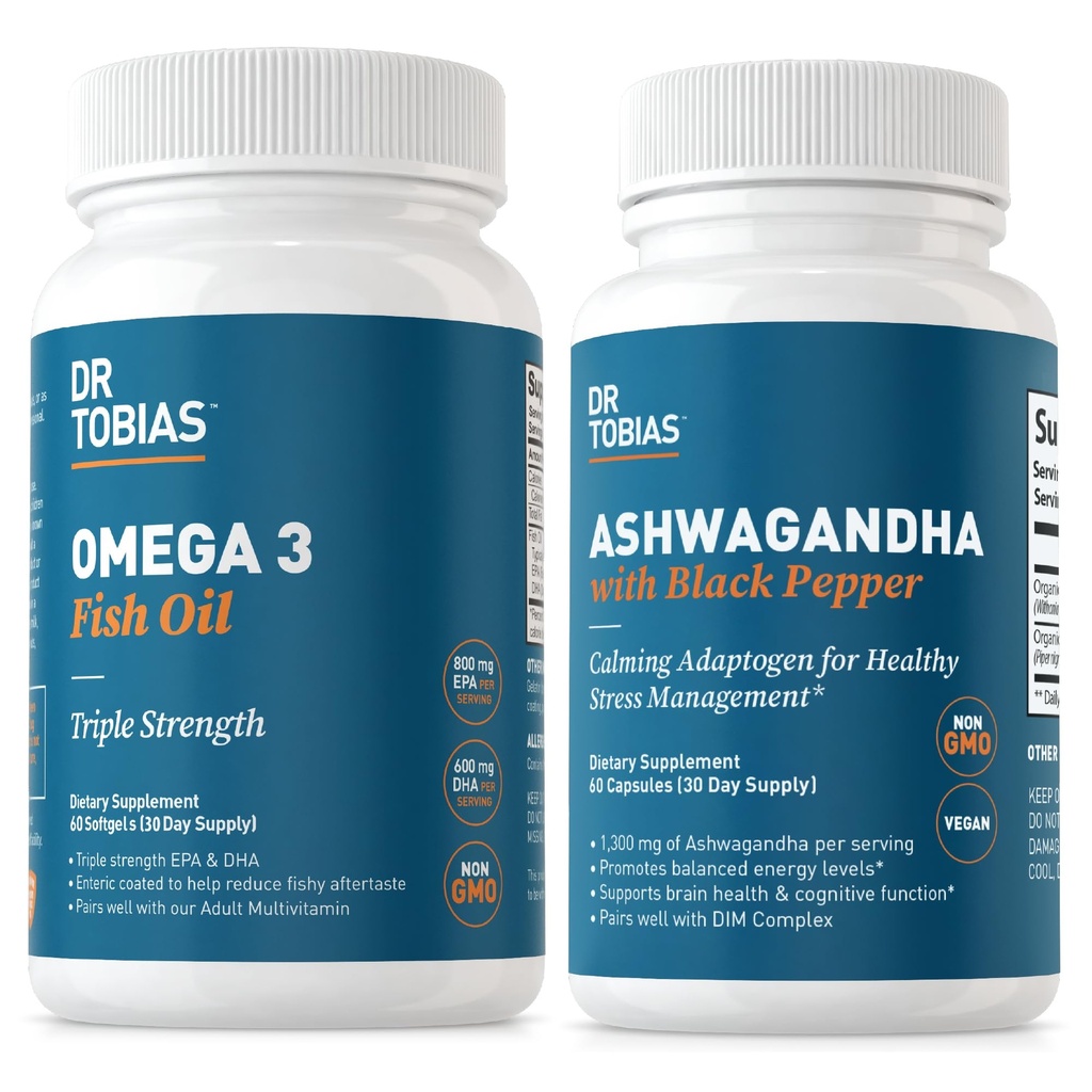 Dr. Tobias Omega 3 Fish Oil e Ashwagandha Capsule, Supporto Totale Benessere &amp; Energia Equilibrata & Resilienza, Non-OGM