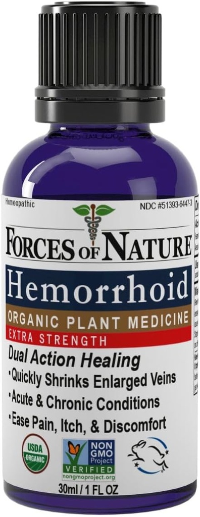 Forze di controllo emorroidi naturali Extra resistenza, Medicina omeopatica organica con strega nocciola, castagna di cavallo e oli essenziali per il prurito, gonfiore e discomfort, 1.0 FL OZ