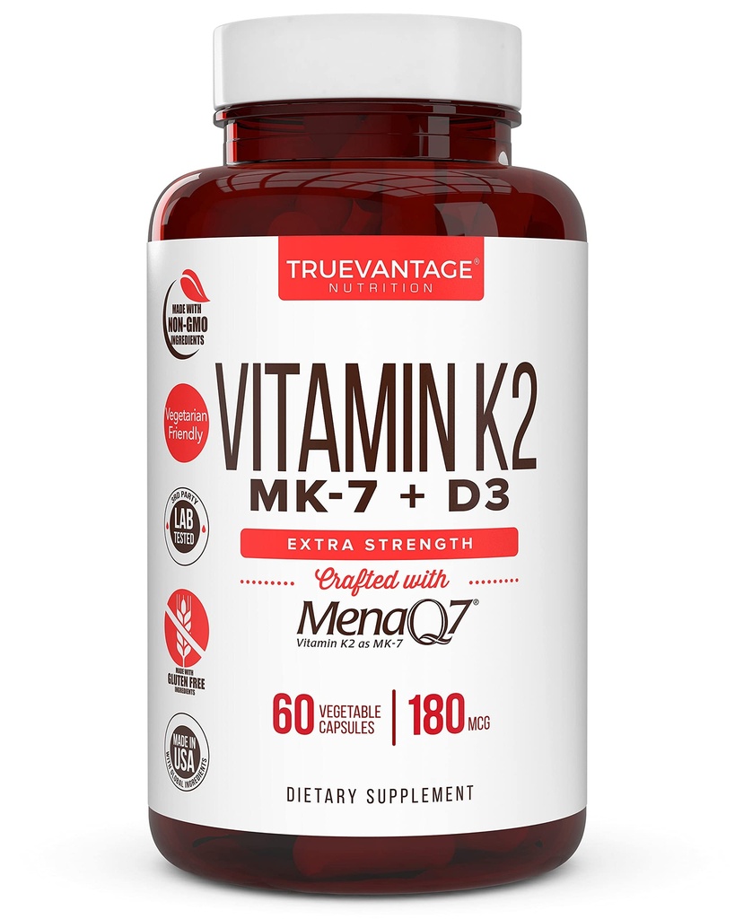 Vitamina K2 D3 Supplemento 5000 IU D3 e 180 mcg Vitamina k2 MK7 Supplemento per le ossa sane, cuore sano e cardiovascolare Salute-60 Facile da ingoiare cappucci vegetali di MenaQ7 K2 MK7
