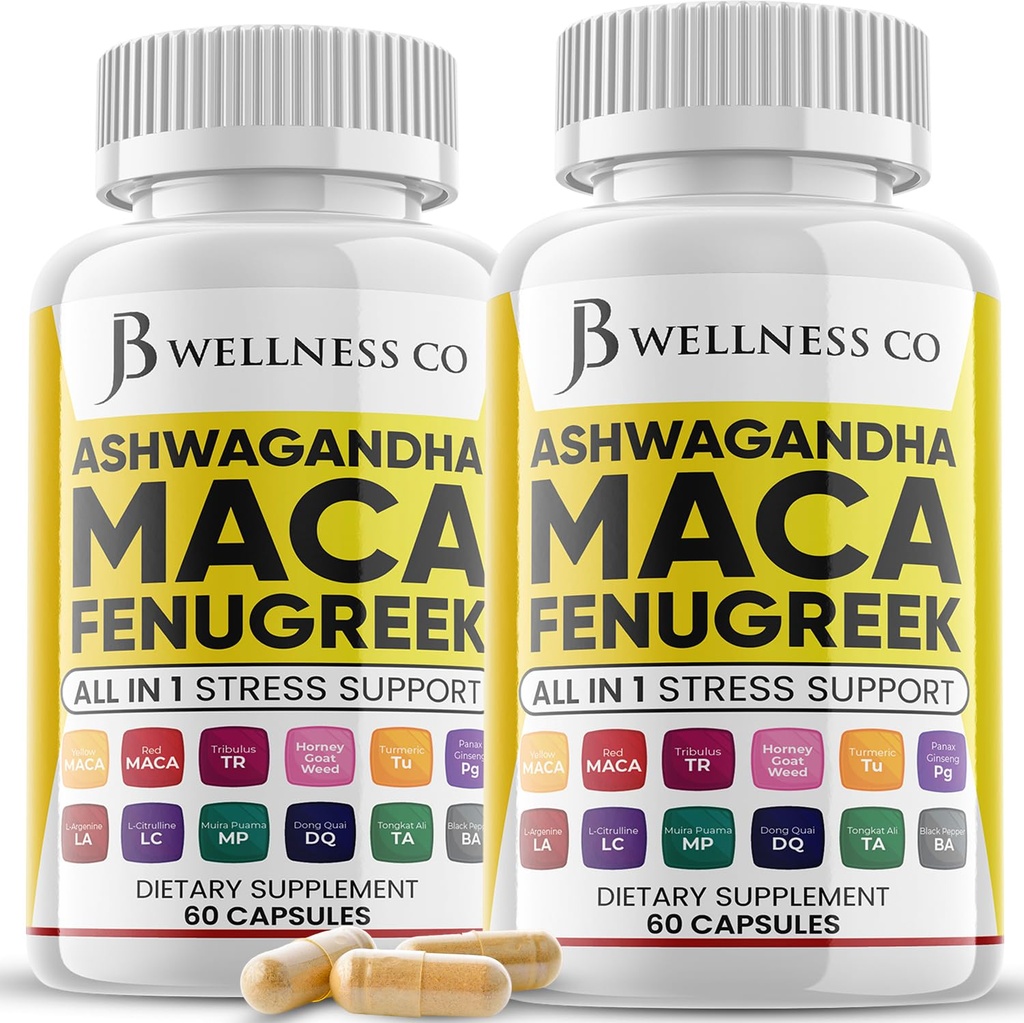 Ashwagandha Maca Root Fenugreek Supplemento con Tongkat Ali Ginseng - Assiste con Mood & Thyroid Health - Made in USA - 120 Count