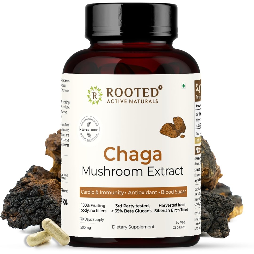 AttivitÃ ROOTED, Estratto di funghi di Chaga siberiano, Organico certificato 35% Beta Glucans - Lab verificato | Antiossidante & Vitality Support (60 tappi di cervo)