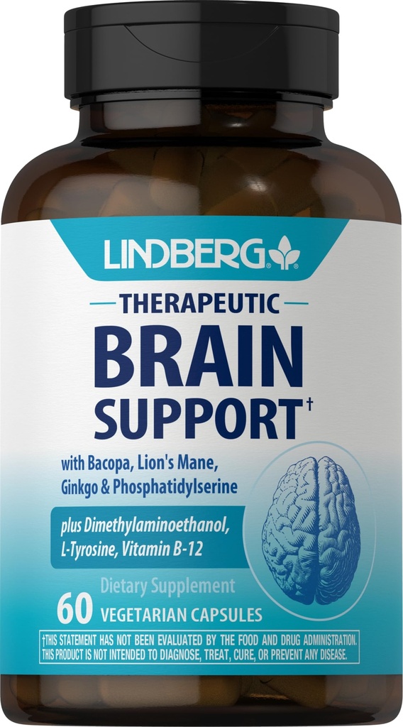 Integratore di supporto del cervello di Lindberg per le donne e gli uomini | 60 capsule | Pillole complesse | con Phosphatidylserine, Mane del leone, vitamina B12 | Vegetariano, Non OGM, Gluten Free