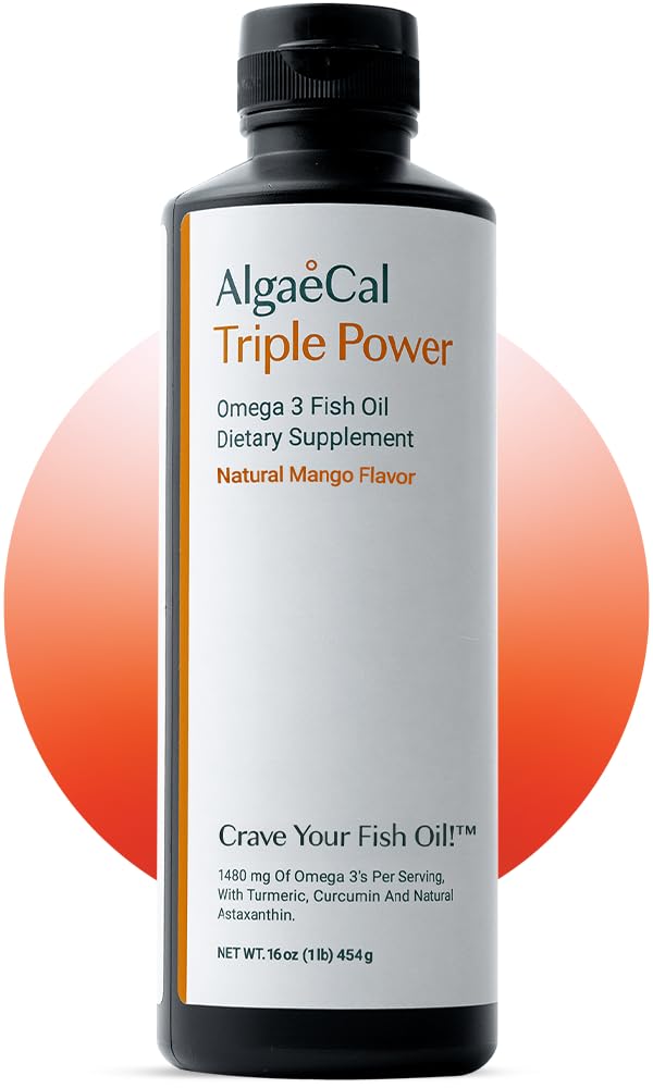 ALGAECAL Triple Power 1200mg EPA & DHA Omega 3 Fish Oil Supplemento, Brain di sostegno, Cuore, Pelle & Bones, Liquid Emulsion Mango Taste, Burp-Less, Sugar-Free, Made in Italy