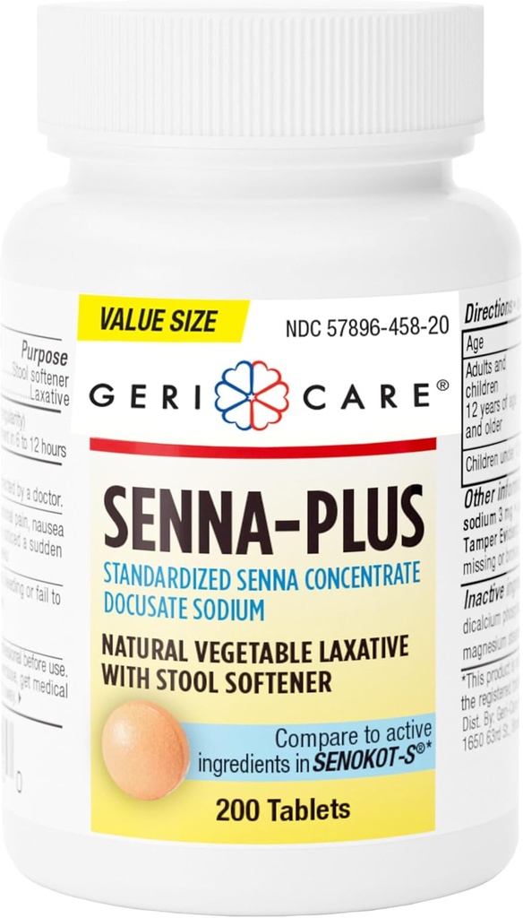 GeriCare Senna Plus Lassativo naturale con Sgabello Ammorbidente, Docusate Sodium 50mg, Sennosides 8.6mg, 200 compresse (Pack of 1)