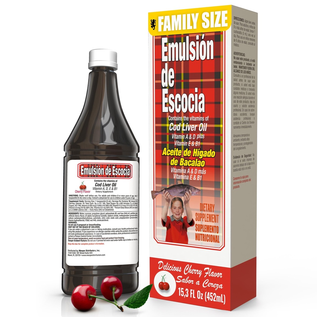 Emulsión de Escocia con Cod Liver Oil – Cherry Flavor – Vitamine A, D, E & B1 per Supporto Immune e Liver – Supplemento liquido per bambini – 15.3 Fl Oz | 1-Pack
