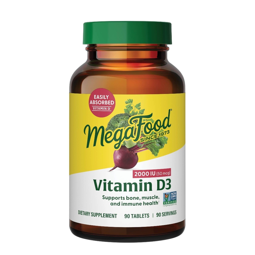 MegaFood Vitamina D3 2000 IU (50 mcg) - Integratori di vitamina D con cibo reale, supporto immunitario, Supporti ossa, denti e muscoli, Vegetariano, Non OGM certificato, Kosher – 90 compresse, 90 Serve