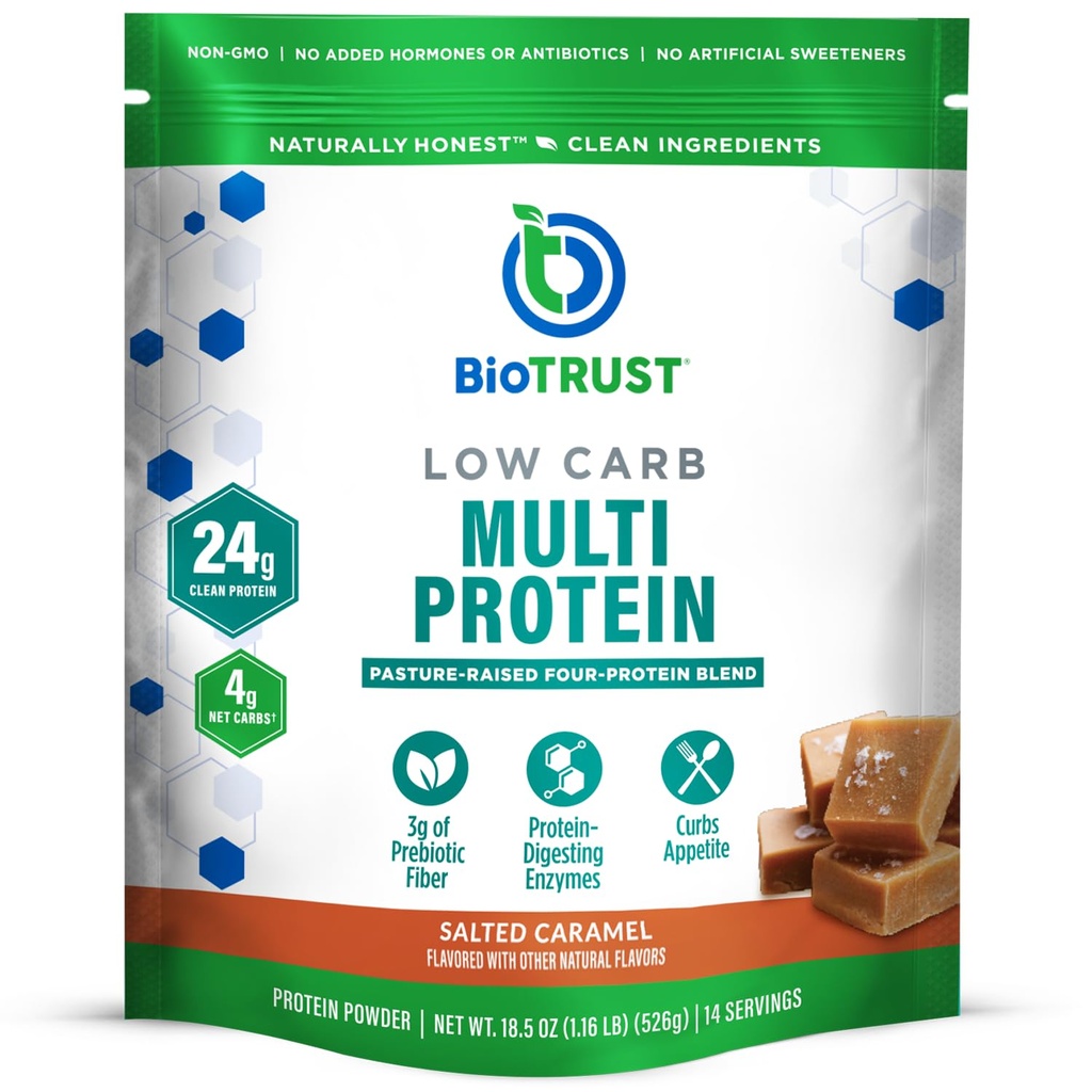 BioTrust polvere di proteine del carbo basso - Polvere di proteine del siero di latte isolata sana e miscela di caseina da erba-Fed, bovini in pascolo, enzimi digestivi - Caramel salato, 14 Serve