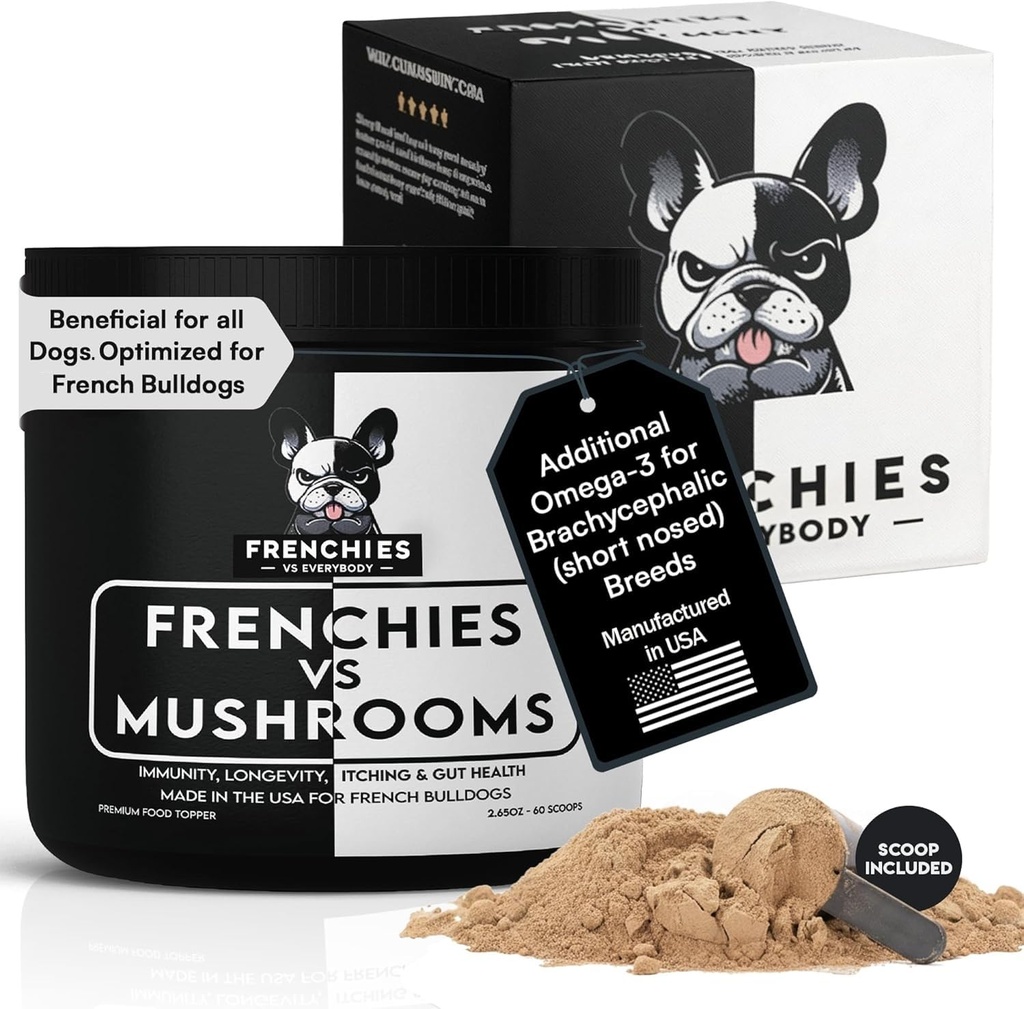 Mushroom Supplement per cani – Turchia Tail Mushroom per Dog Immune Support, Digestione, Allergies & Longevity con Omega3 & Turmeric | per cani Lumps e Bumps | French Bulldog Ottimizzato