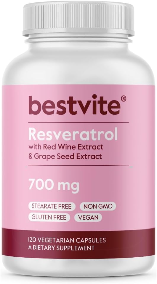BESTVITE Resveratrolo 700mg (120 capsule vegetariane) con estratto di vino rosso e estratto di semi di uva - Standardizzato al 50% TransResveratrolo - No Stearates - Vegan - Non OGM - Gluten Free
