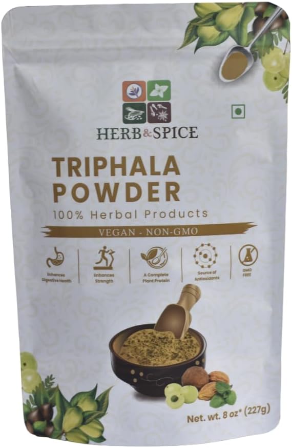 Triphala Polvere Non OGM, Gluten Free, 100% Raw, Sorgente dall'India, Formula di erbe di Amla, Haritaki, Bibhitaki, Imballata in sacchetto di chiusura a cerniera risaginabile (227 Gram)