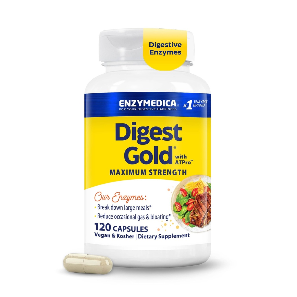 Enzymedica Digest Gold + ATPro, Enzimi digestivi di massima resistenza, aiuta a digerire grandi pasti, per gas e Bloating, 120 capsule