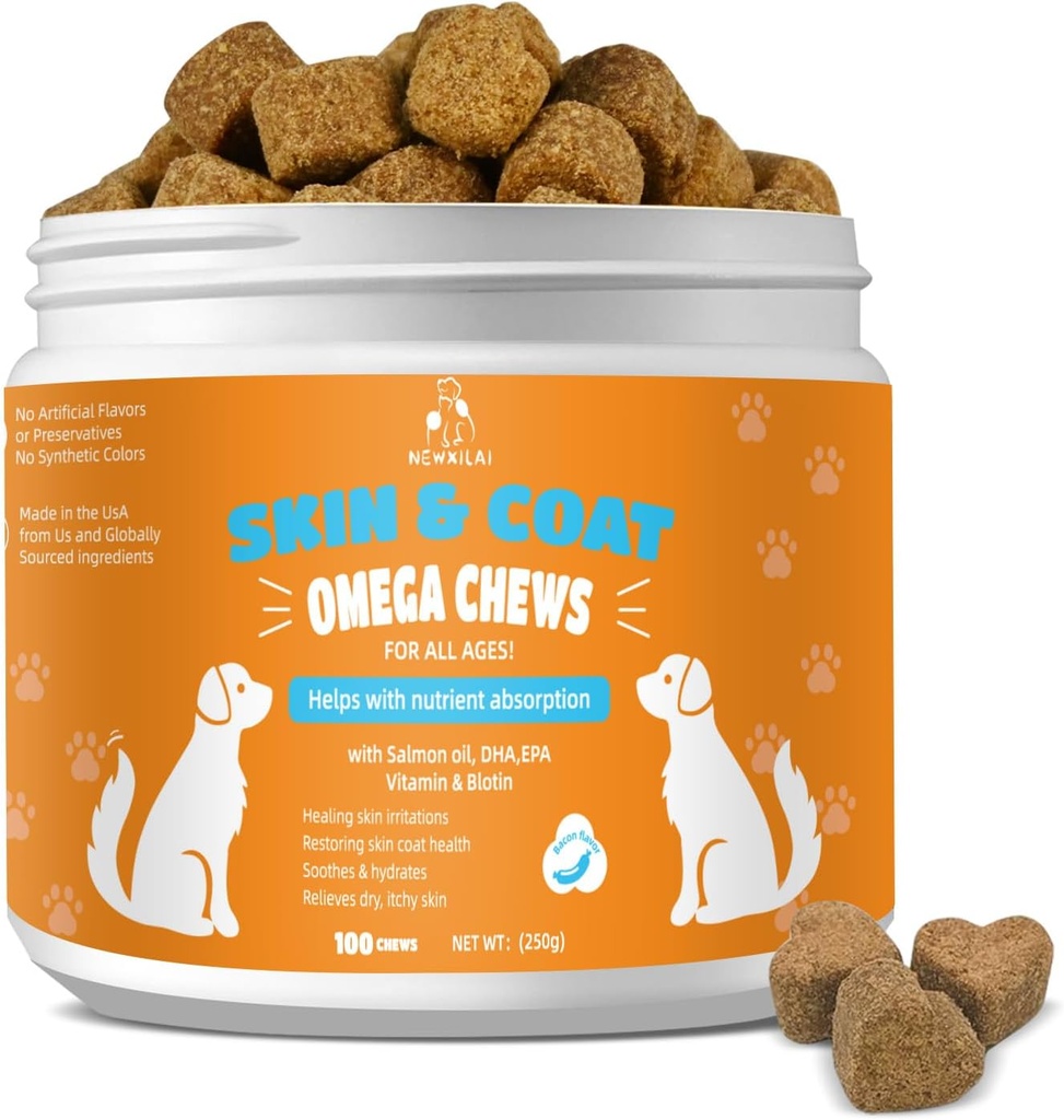 Cuscinetti per cani - Itchy Skins Dog Supplement Support Hot Spots Comfort and Shedding Allergy Joint Health with Omega 3 Fish Oil, EPA & DHA Fatty Acids, Bacon Flavor 100 Count Softs Treats
