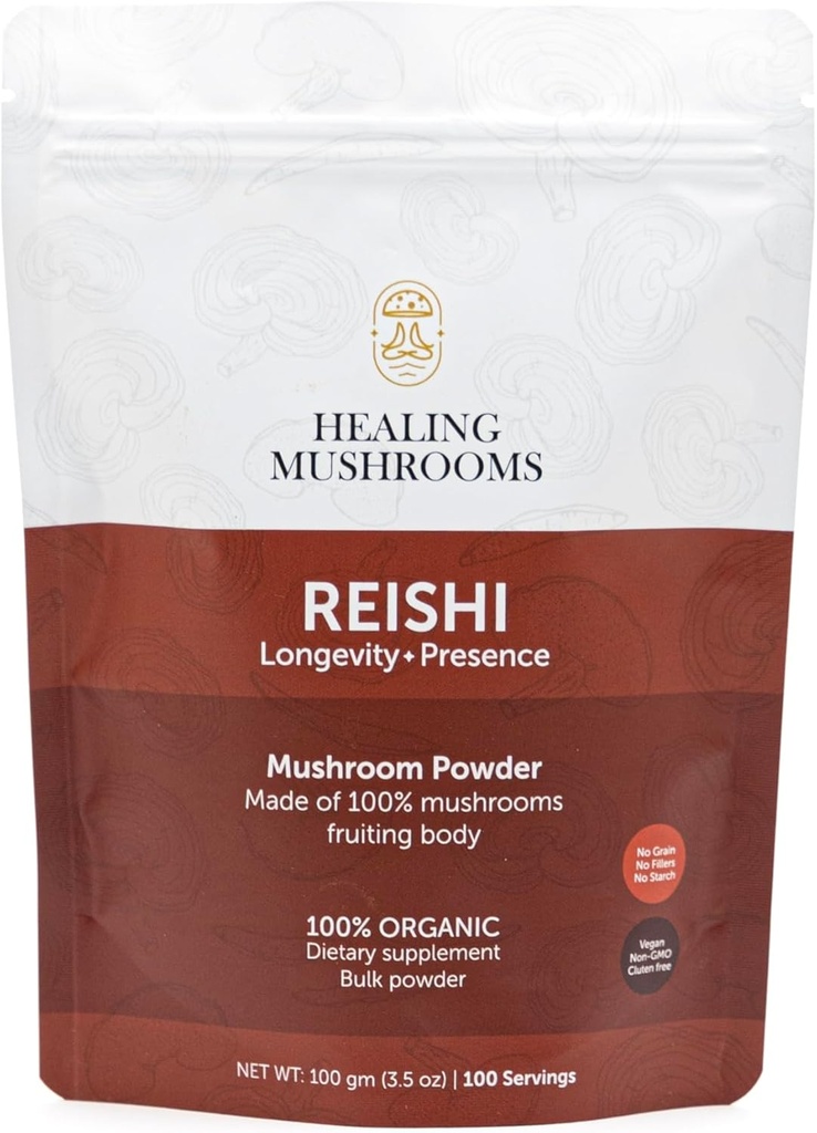 Polvere pura Reishi, supplemento di funghi organici per il supporto immunitario, longevità, umore, sonno, senza riempitivi, non OGM
