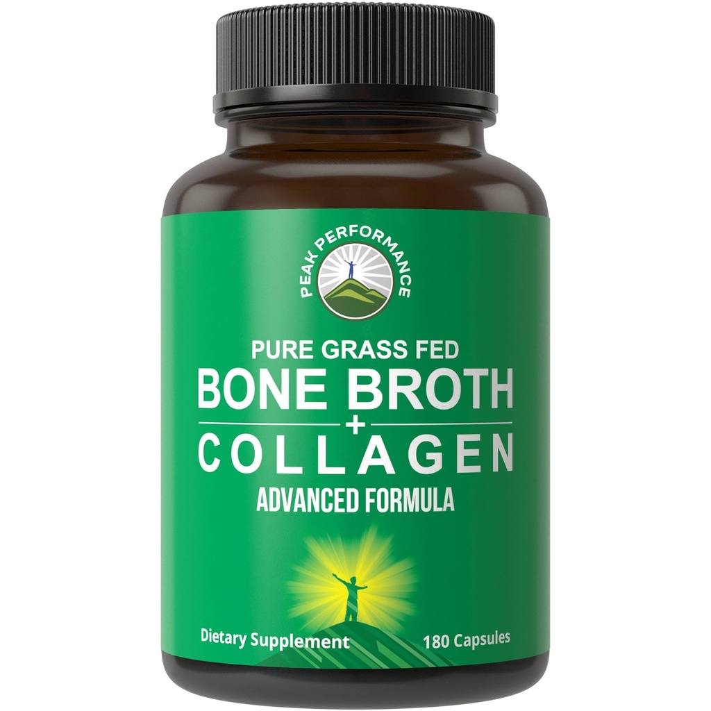 Bone Broth Collagen Capsule. 180 Pillole di erba Fed Bone Broth Peptidi di proteine del collagene. Contiene tutti i 3 tipi 1, 2 e 3. Pure Pasture Raised Paleo Friendly Tablets per le donne e gli uomini