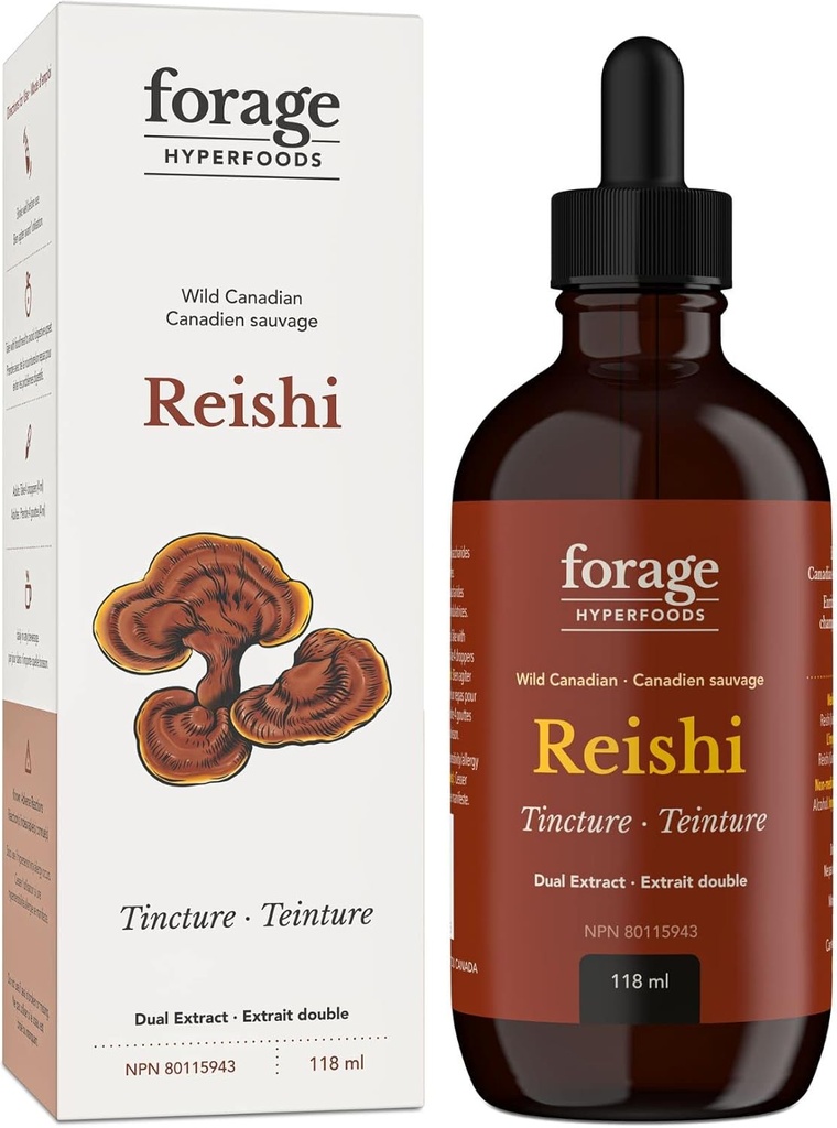 Forage Hyperfoods- Original Canadian Wild Reishi Mushroom Superfood Liquid Supplement Tincture, Vegan, Non OGM, Migliora il sistema immunitario e la risposta di stress, Naturale Calm, 118ML