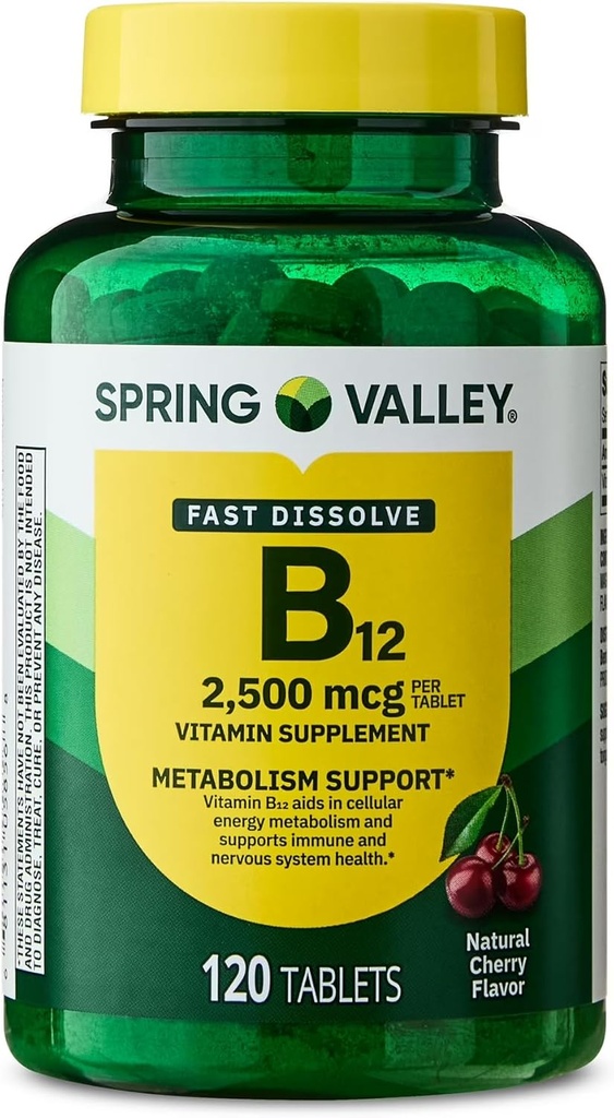 Spring Valley, Vitamina B12 2500 MCG, B12 Quick-Dissolve Cherry Flavor Tablets Integratore alimentare, Vitamina B12, 120 Conte - Nuovo look (Pack of 1)
