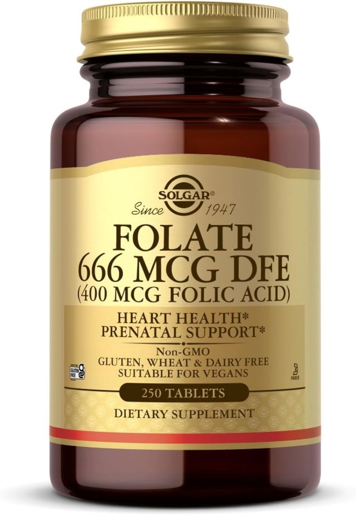 Solgar Folate 666 mcg DFE (acido folico 400 mcg) - 250 compresse - Supporto prenatale - Non OGM, Vegan, Gluten Free, Dairy Free, Kosher - 250 Serve