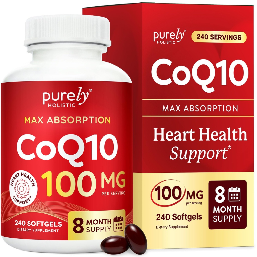 Purely Holistic CoQ10 100mg - 240 SoftGels - 8 mesi di fornitura - Ubiquinone Coenzyme Q10 Supplemento - con olio di oliva biologico - Soy Free Co Q 10 - Made in Italy