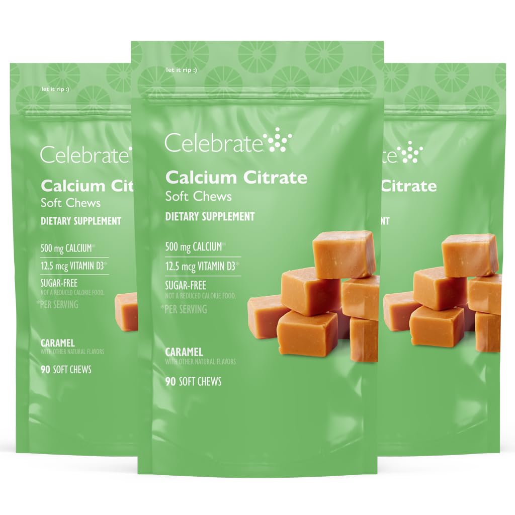 Celebrare Vitamine Bariatric 500mg Calcium Citrate Soft Chews con 500 IU Vitamin D3 – Essenziale per Gastric Bypass Pazienti & Bone Salute - Zucchero & Gluten Free, Caramel (270 Chews)