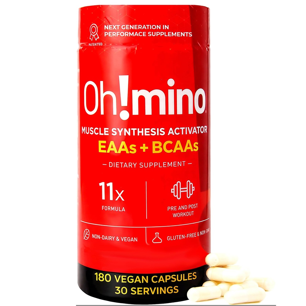 Oh!mino Aminoacidi essenziali supplemento. Capsule Caffeinate. Tutti 9 EAA, BCAA e l'ammino perfetto per allenamenti, amino energia, e per costruire il muscolo, e recuperare più veloce.